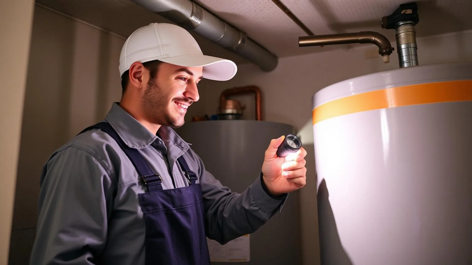 EHS Hydro technician inspecting a residential water heater in a Cambridge, MA basement