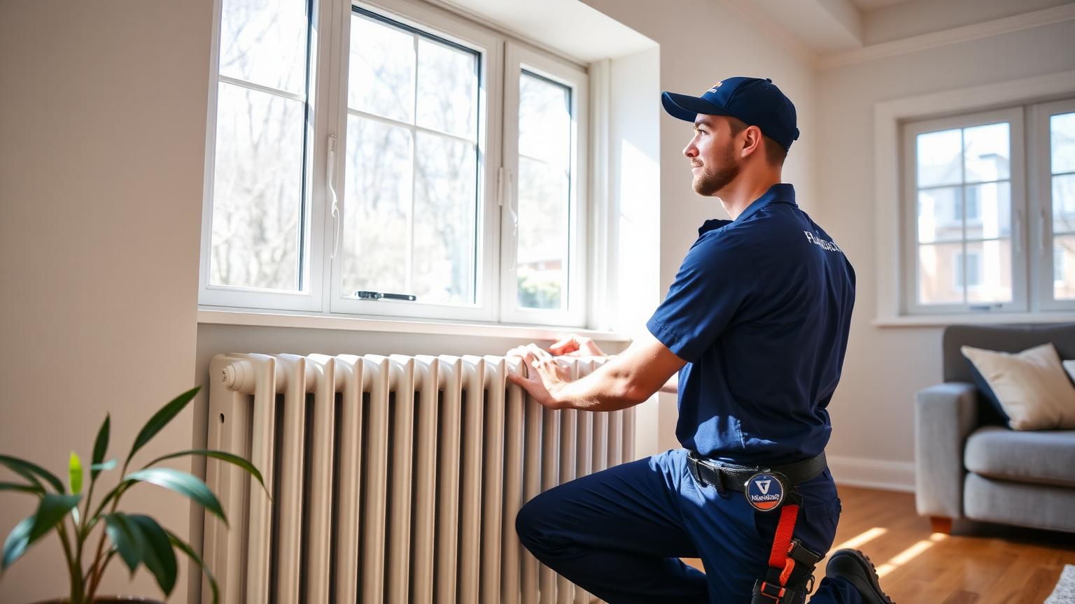 EHS Hydro technician adjusting a cast iron radiator in a bright Boston living room